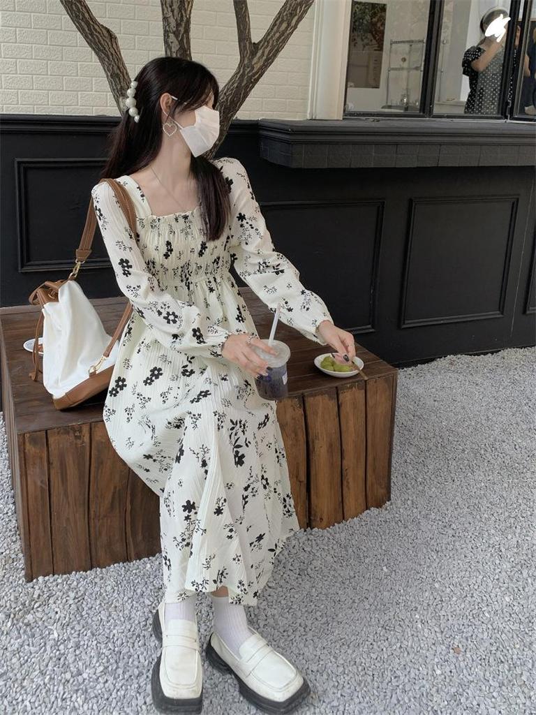 Women's Floral French-Style Slim Long Dress - Autumn/Winter 2022