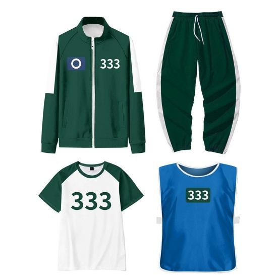 4 шт./компл. Костюм для косплея из сериала «Игра в кальмара», толстовка, куртка, брюки, футболка, жилет, комплект, куртка на молнии, брюки на шнурке, спортивный костюм для косплей-вечеринок, на каждый день