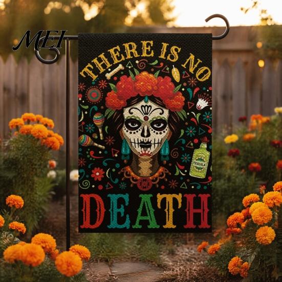 Decorative Burlap Lawn Banners Day of The Dead Garden Flag, 12x18 Inch Floral Skull Yard Festive Ornament Flags Mexican Gothic Skeleton Flowers