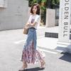 Floral Skirts Womens Medieval Pleated Long Goth Skirt A-LINE Irregular Denim Spliced Chiffon Jean Beach Maxi Skirt Y2k Summer