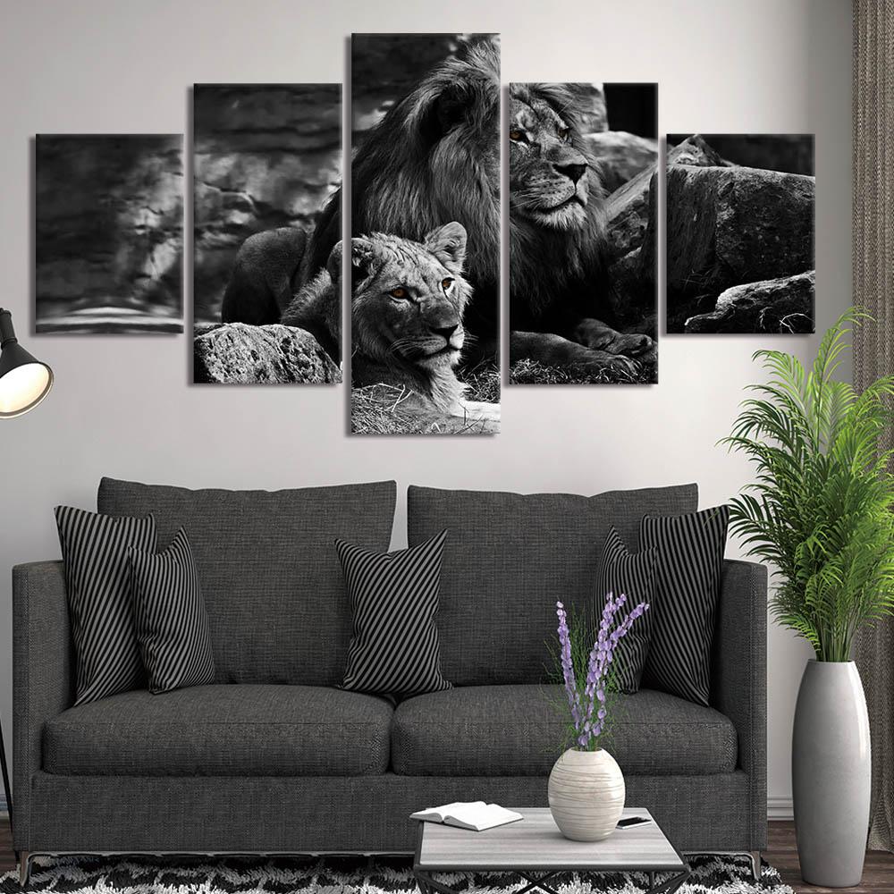 5 Pieces Wall Art Canvas Animal Poster Black Background Lion Painting Living Room Picture Print Bedroom Mural Home Decoration