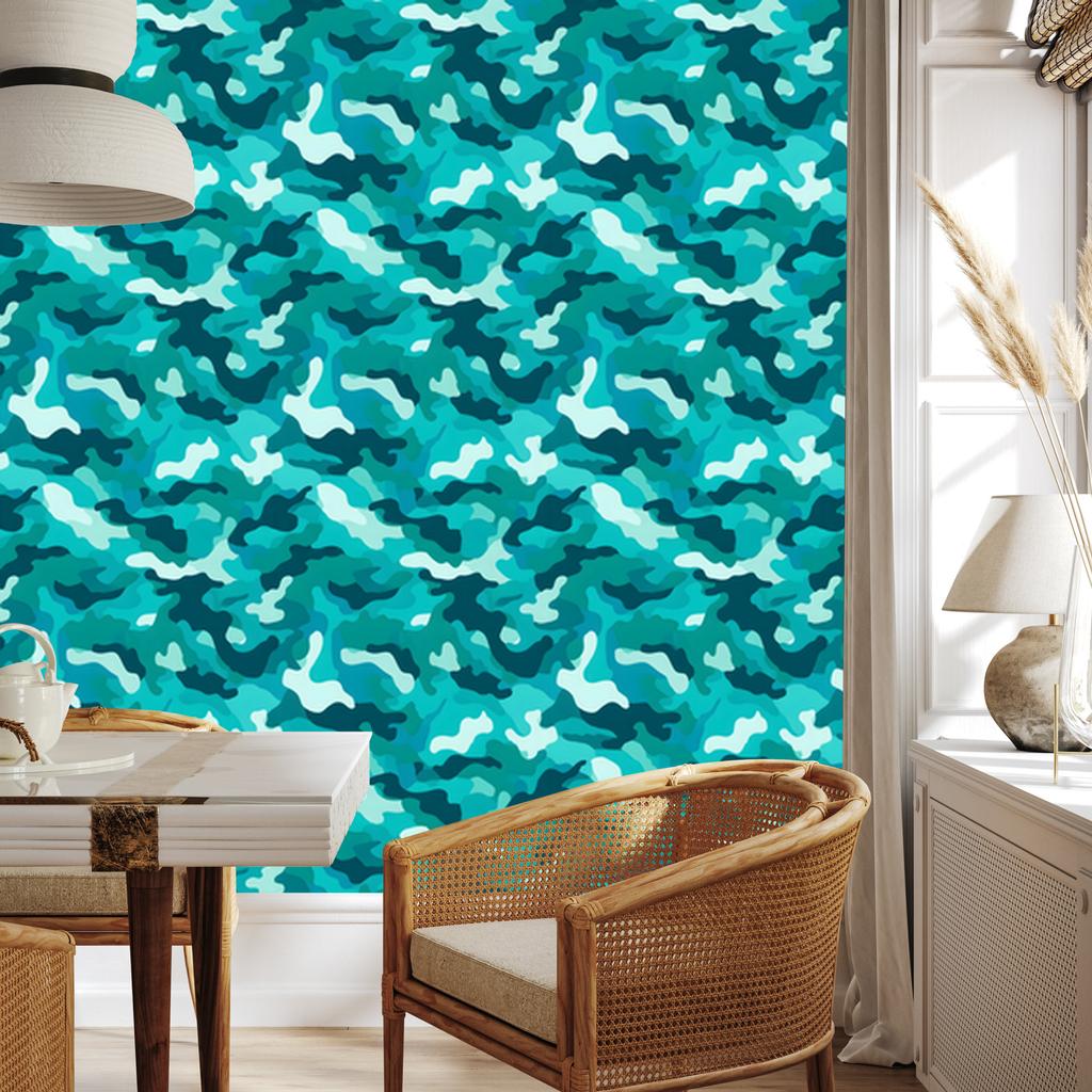 Turquoise and mint military camouflage wallpaper for living room and bedroom 50x1000