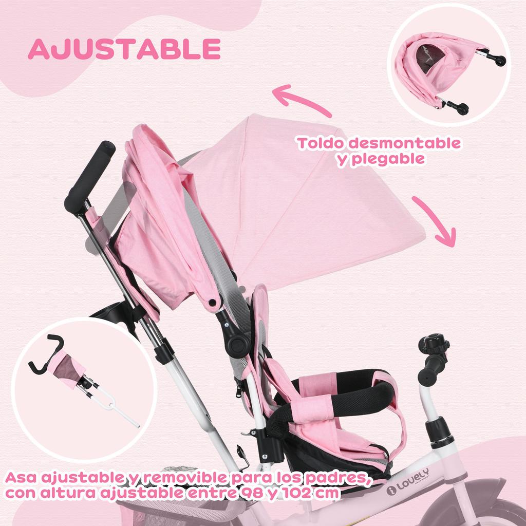 Baby Tricycle, 12+ Months, Telescopic Push Handle, Mom Bag, Bottle Holder, Pink