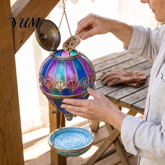 Hanging Water Bowl for Birds Stained Glass Hot Air Balloon Bird Feeder Fountain, with Fountain Easy Fill Tray, Vintage Bronze Outdoor Garden