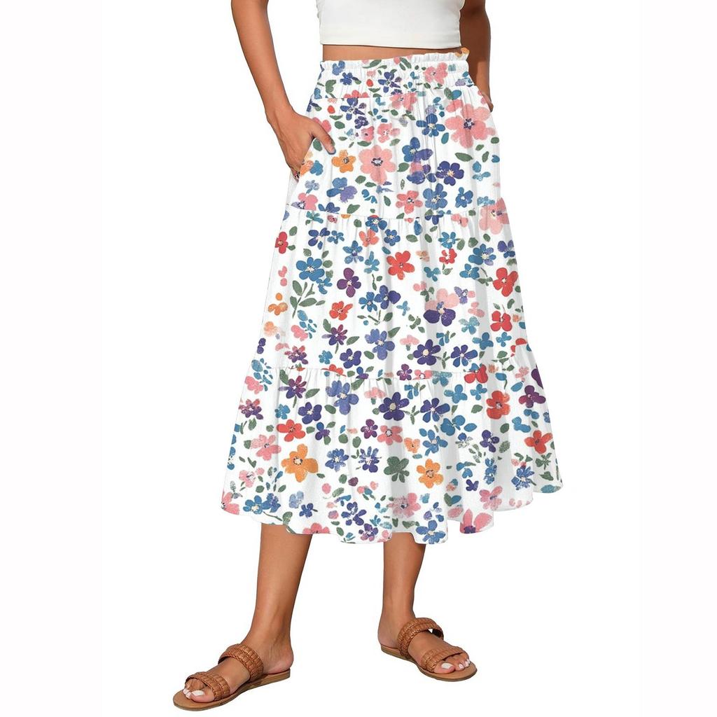 Women's Flowy Flared Ruffle Hem A Line Maxi Skirts Elastic Waist Elegant Tiered Layer Boho Long Skirts
