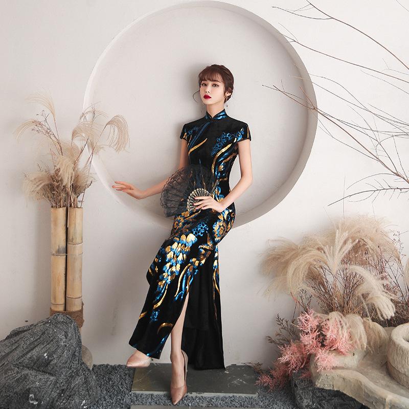 1011 New Women's Cheongsam Fashion Retro Republic of China Style Dress Stand Neck Short Sleeve Casual Cheongsam Dress Women's Sequins