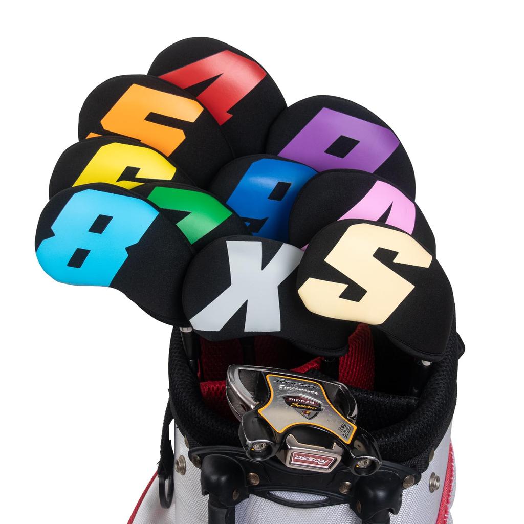 Чехол для гольф-айрона, чехол для головки клюшки, набор из 10 штук (4-9,П,А,С,Х) Из неопрена Эластичные Большие Цифры Черная Основа и Цветные Цифры