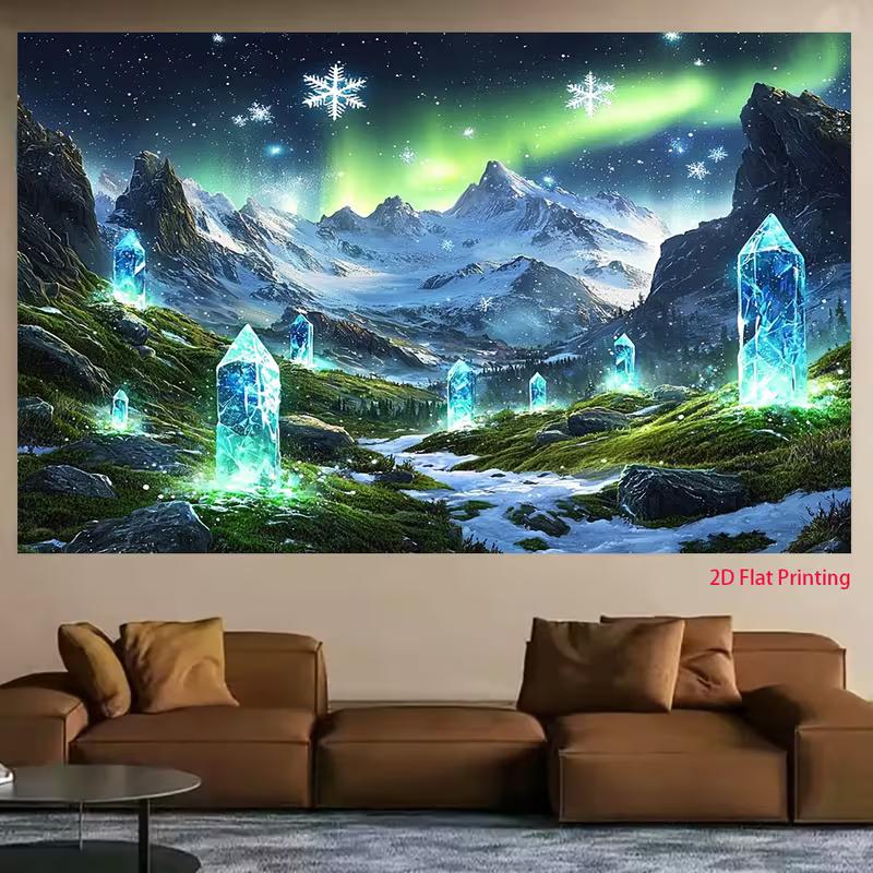 2D Aurora Borealis Tapestry, Glowing Blue Crystal & Winter Landscape Wall Hanging