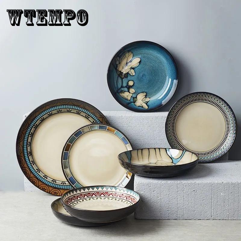 Простая керамическая тарелка в скандинавском стиле с резьбой и косточками, домашнее блюдо, тарелка для стейка, темно-зеленая тарелка для салата, диск