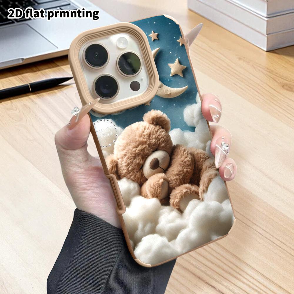 Phone Case: 2D flat lambskin suitable for iPhone 18, 17, 16, 15, 14, 13 Pro protective cases, sleeping little bear, Christmas and Halloween gifts