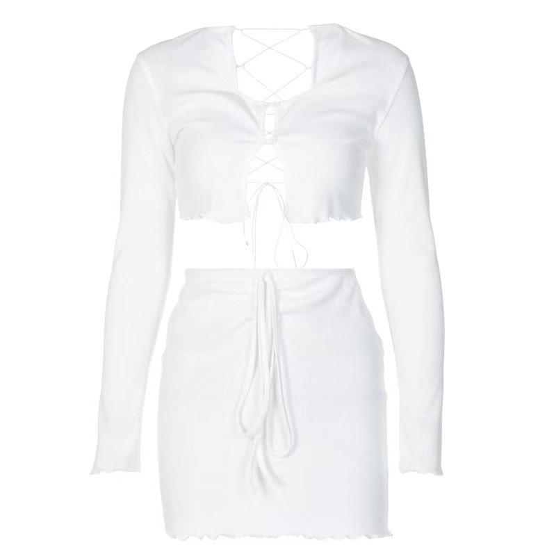 Tooxika Новый весенне-летний комплект с длинными рукавами, перекрестными бретелями и открытой рубашкой, футболка и короткая юбка