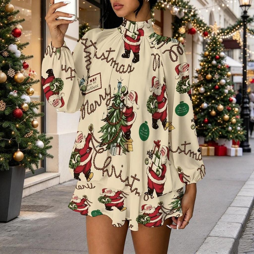 Women's 3D Santa Claus Print Mock Neck Long Sleeve Dress, Raglan Sleeve Fake Two Piece Mini Dress