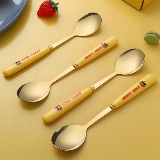 1/6Pcs Dessert Spoon No Burr Heat Insulation Stainless Steel Cartoon Duck Anti-slip Mixing Scoop