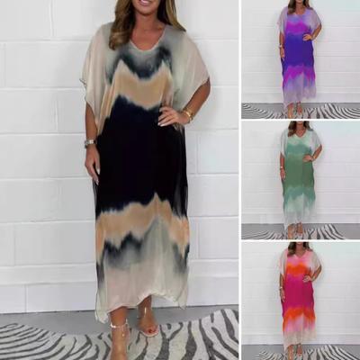 Женское шифоновое макси-платье с градиентным принтом и V-образным вырезом, с коротким рукавом, длинное платье, повседневный свободный пляжный сарафан для летнего отдыха