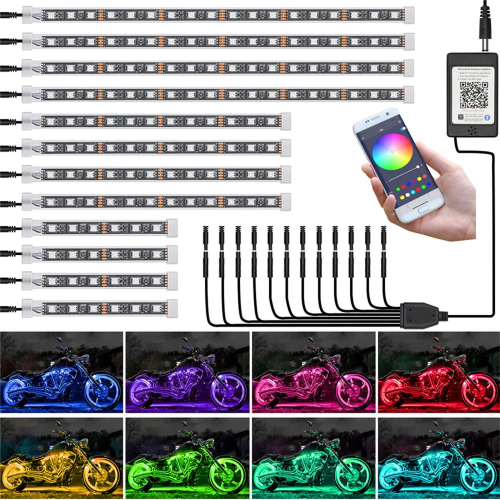 12 шт. Мотоциклетный RGB комплект светодиодной подсветки с управлением через приложение и музыкой, водонепроницаемые многоцветные атмосферные огни, декоративная окружающая лента