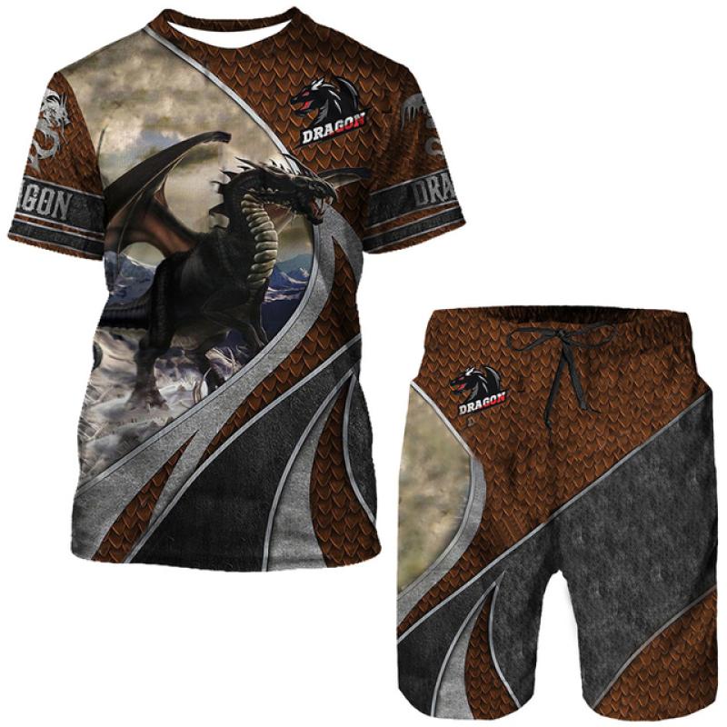 Мужская футболка/костюм с 3D принтом Flying Dragon Totem Art, летний крутой топ с короткими рукавами + шорты, комплект, готический спортивный костюм в стиле хип-хоп