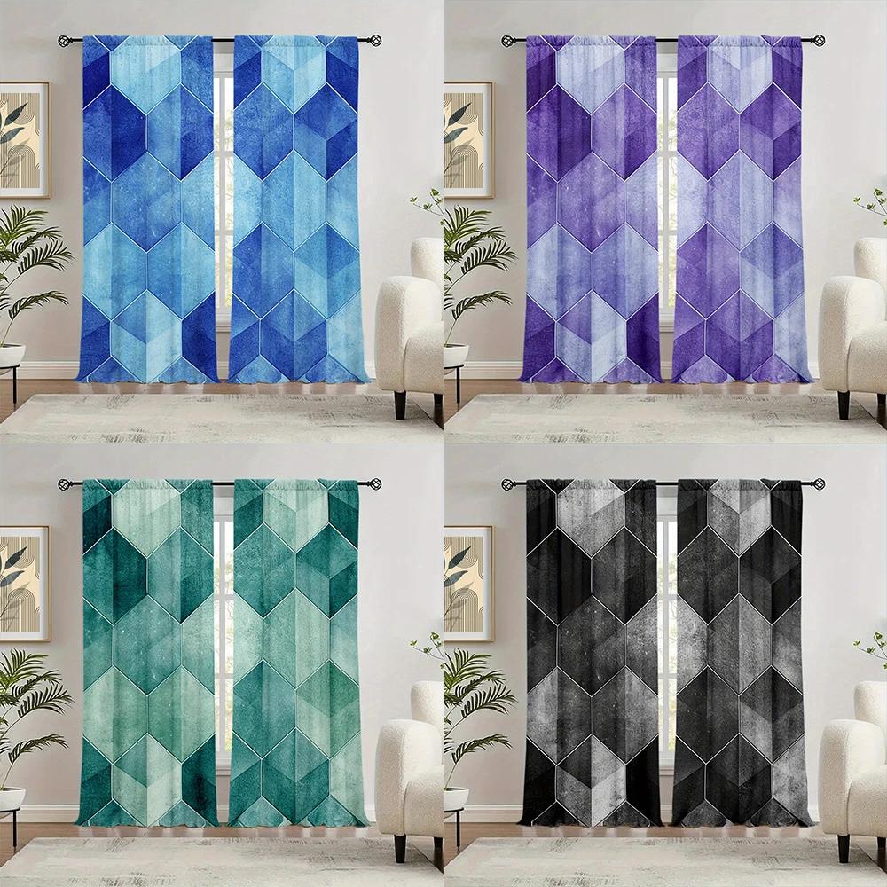 2pcs Hexagonal Art Printed Curtain for Home Decor - Rod Pocket Window Treatment for Bedroom,Office,Kitchen,Living Room,and Study