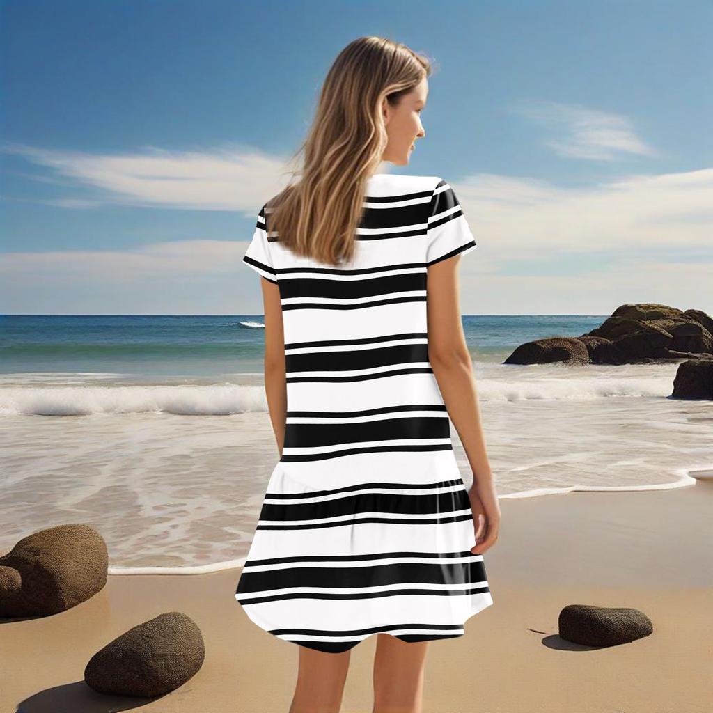 Женские платья с коротким рукавом и V-образным вырезом с цветочным принтом Свободные повседневные пляжные платья в стиле темперамент