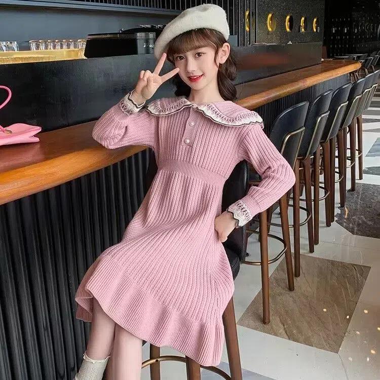 Платье-свитер принцессы с длинными рукавами для девочек - осенний стиль колледжа