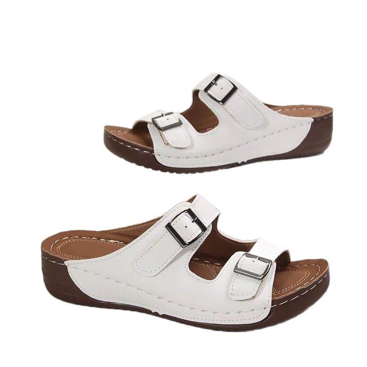 36-43 Большие размеры импортные торговые туфли на покатом каблуке одно слово крутые женские летние повседневные босоножки с пряжкой на ремне на высоком каблуке