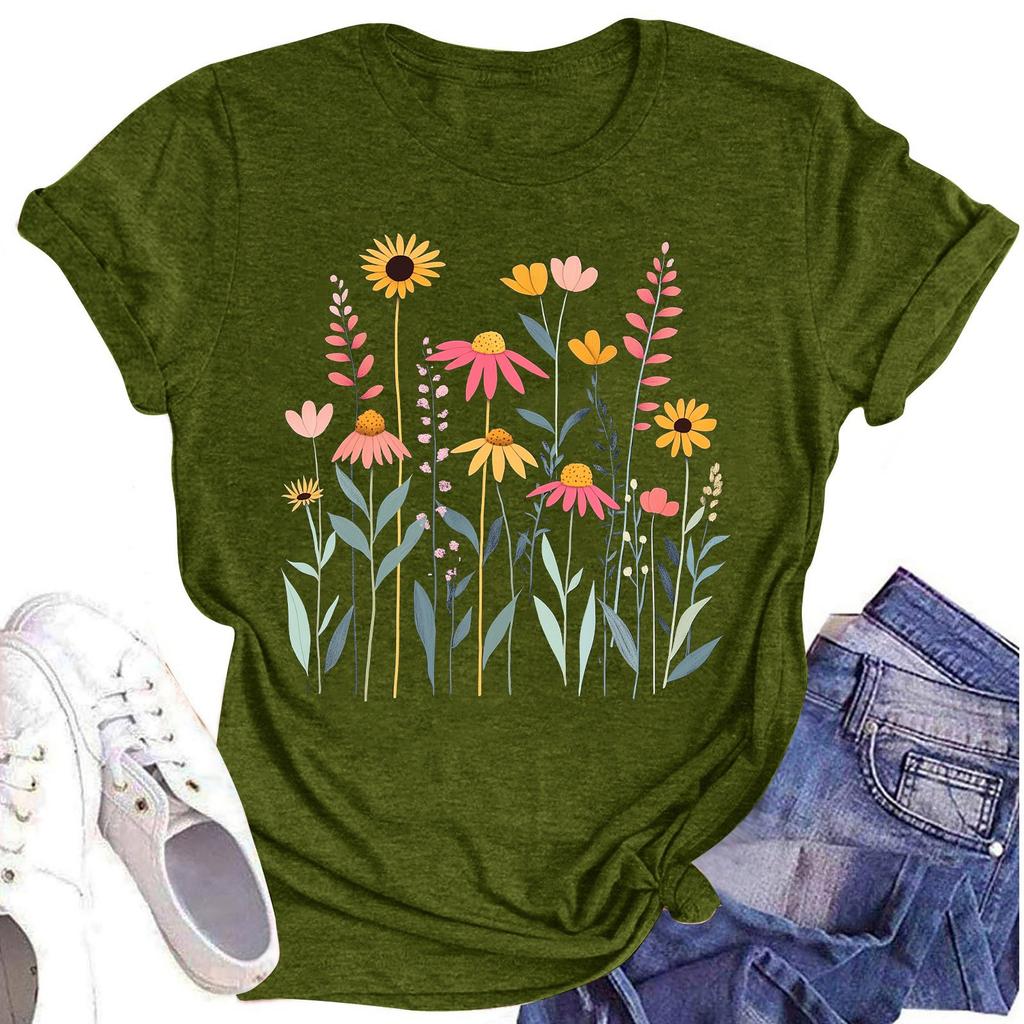 Женская повседневная футболка с круглым вырезом и цветочным принтом, короткий рукав