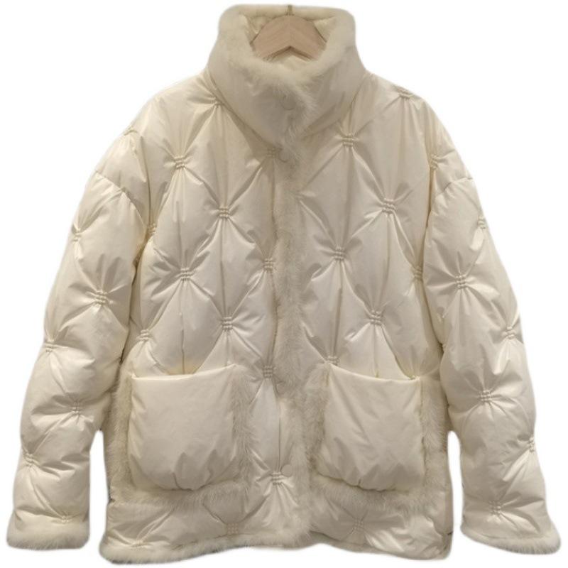 Женская осенне-зимняя куртка на белом утином пуху, пальто с подкладкой и короткой стойкой с меховым воротником, однобортный карман, свободный теплый однотонный цвет