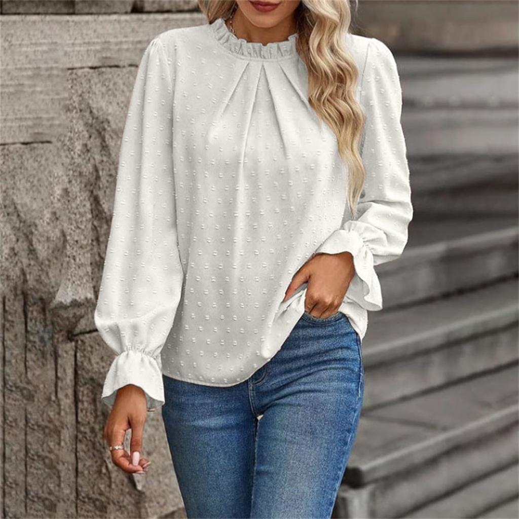 Женский модный повседневный топ в горошек с плиссировкой, круглым вырезом, оборками и длинными рукавами, однотонный