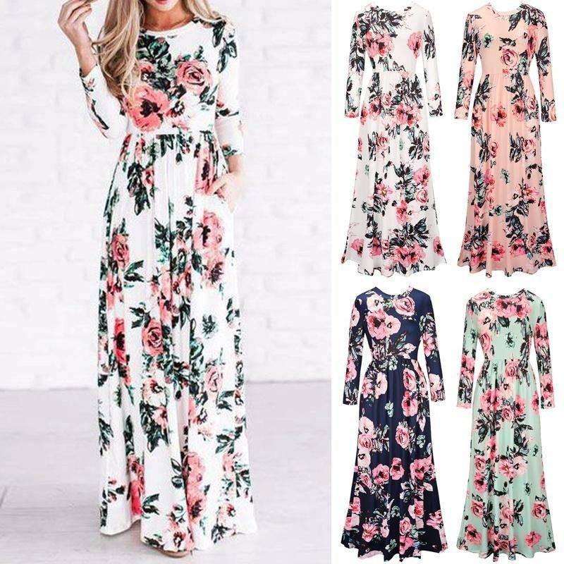 Elegant Summer Floral Print Long Sleeve Dress For Women In White Pink Green And Navy Blue