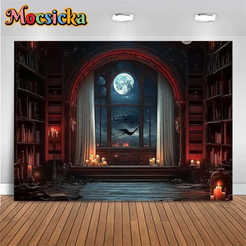 Mocsicka Halloween Background Ancient Night Moon Bat Indoor Home Bookshelf Decorations Child Baby Portrait Photo Backdrop Banner