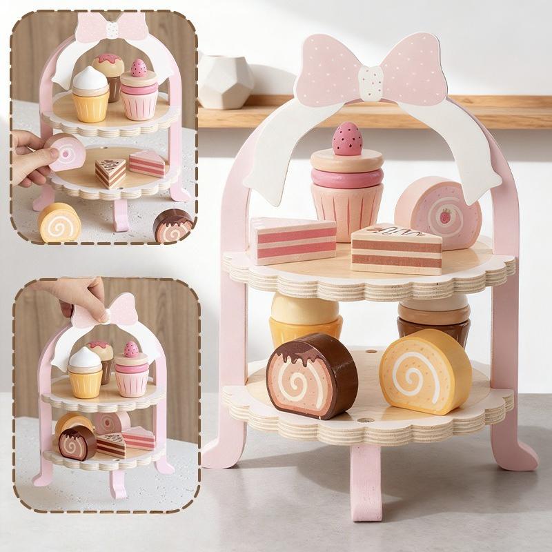 Wooden Simulation Afternoon Tea Cake Dessert Rack Set Children'S Play House Parent-Child Interactive Kitchen Toys