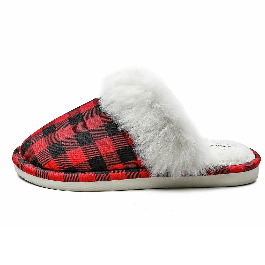 Autumn and Winter Couple Fluffy Slippers Warm Home Non-slip Thickened Plaid Cotton Slippers