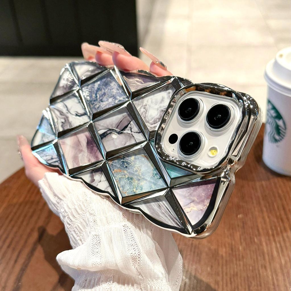 Роскошный чехол для телефона с 3D-покрытием и ромбовидной сеткой и мраморным узором для iPhone 11, 12, 13, 14, 15 Pro Max 12 Pro 13 Pro 14 Pro Max, мягкий чехол из ТПУ с защитой от падения