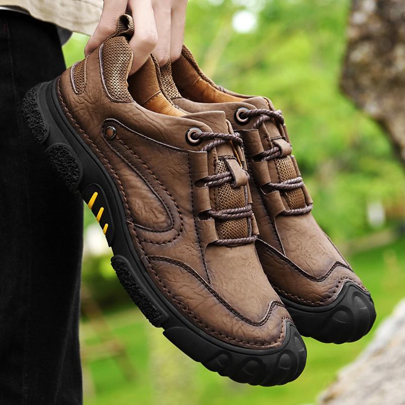 Мужская повседневная обувь из натуральной кожи, нескользящие кроссовки для ходьбы, на шнуровке, ручная работа, обувь для походов в стиле ретро, кроссовки для отдыха и треккинга