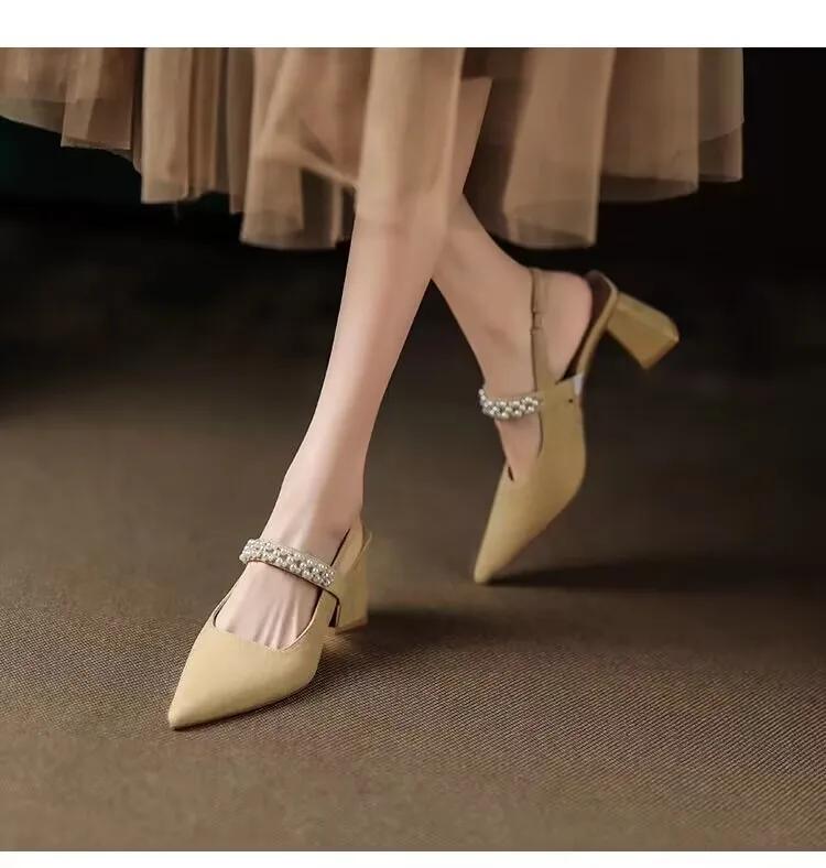 Босоножки на толстом каблуке Женские Летние Новые Женские Туфли-лодочки с острым носом Женская обувь Офисные туфли для платья Сексуальные туфли на высоком квадратном каблуке