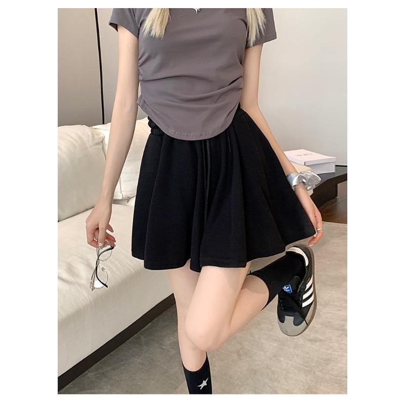 Drawstring Sports Shorts Women's Summer Elastic Waist Sag Loose Look Slim Everything with A Line Casual Wide Leg Skirt Pants