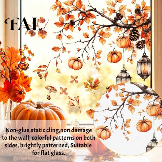 Seasonal Glass Stickers for Living Room Autumn Static Window Sticker with Cute Animals & Maple Leaves, Removable Harvest Clings Festival Clings