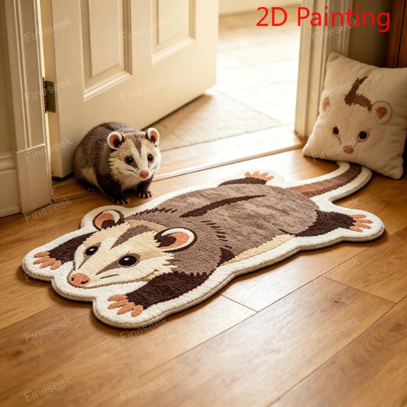 Cute Lying Opossum Shaped Rug Cartoon Marsupial Animal Fluffy Non Slip Irregular Floor Mat For Bedroom Doorway Home Decor