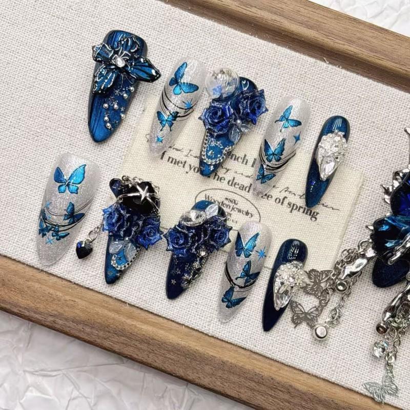 Handmade 11-Piece Blue 3D Butterfly Press-On Nails Medium Length Women Girls Sweet Chic Style
