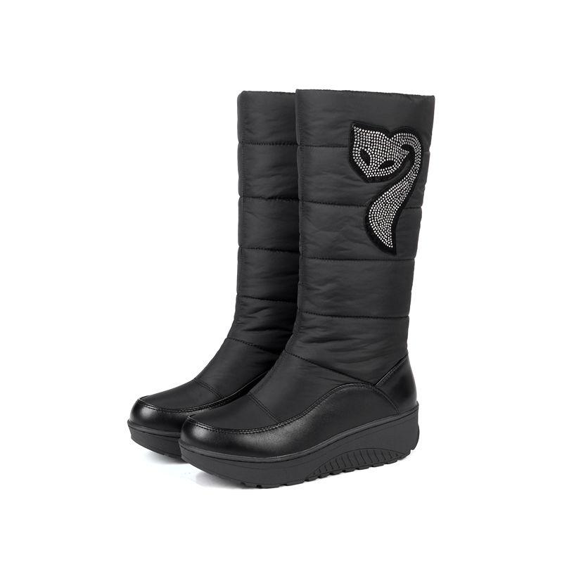 Winter Women Platform Snow Boots Crystal Fox Black Brown Down Plush Casual Travel Lady Round Toe Wedge Heels Mid-calf Boots