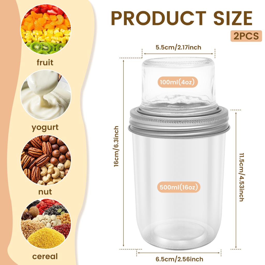 2/4 шт. Чашки для завтрака, Салатные чашки, Прозрачная стеклянная банка для овсянки на ночь с крышкой и разделением на сухое и мокрое, Контейнер для приготовления йогурта