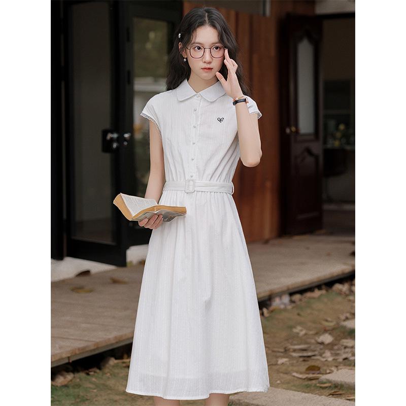 **2025 Summer Blue Plaid Sleeveless Polo Collar Slim Waist Vest Dress**