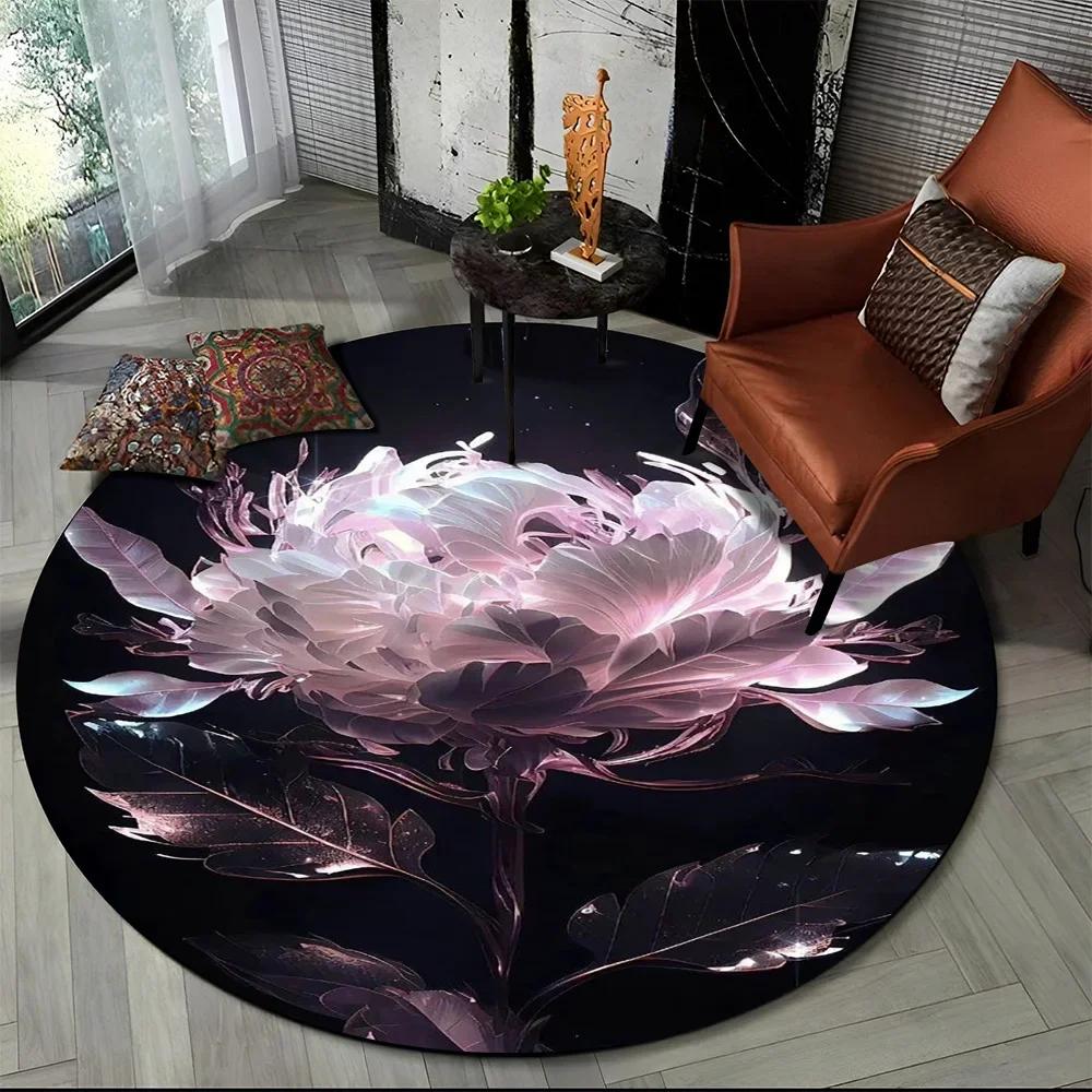 Crystal Velvet Luxury Flower Round Rug – Rose & Daisy Print Nordic Non-Slip Mat for Living Room, Bedroom & Playroom