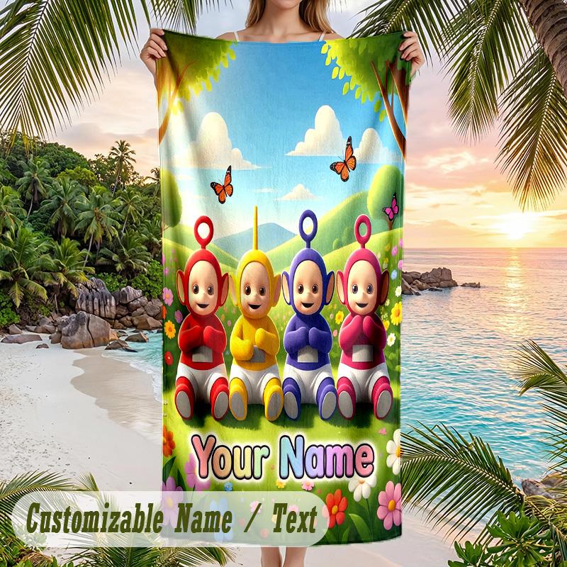 Teletubbies Beach Towel, Personalized Custom Text, Quick Dry Soft Large Towel For Swimming Pool Travel