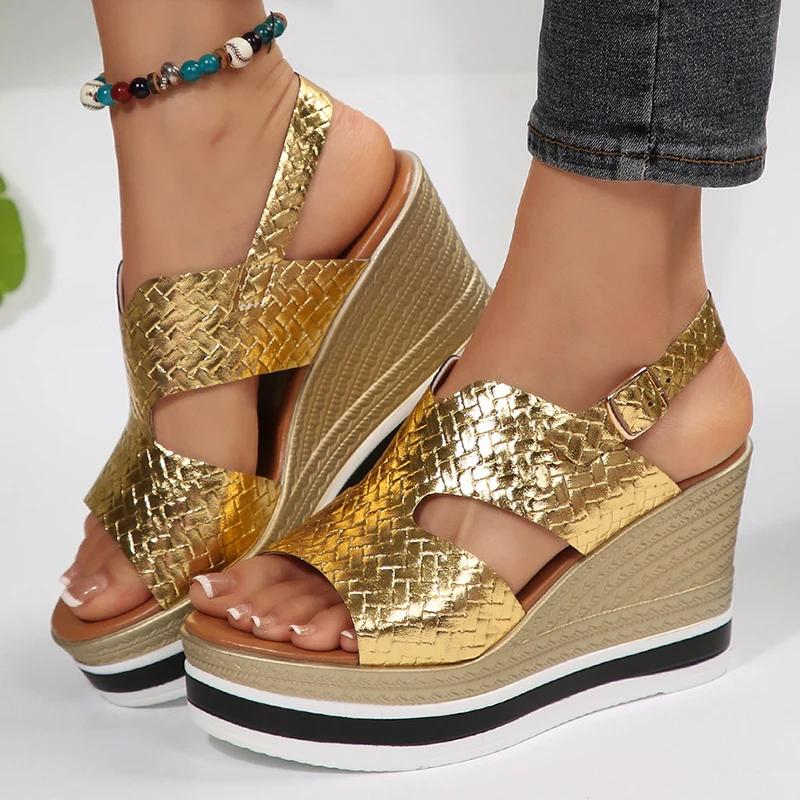 Gold Silver Wedge Heels Sandals for Women Summer Chunky Platform Gladiator Shoes Woman Fashion Thick Bottom Back Strap Sandalias