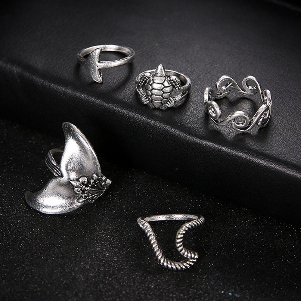 5PCS Geometric Charm Jewelry set Rings Set Whale Tail Waves/Turtle Finger Ring