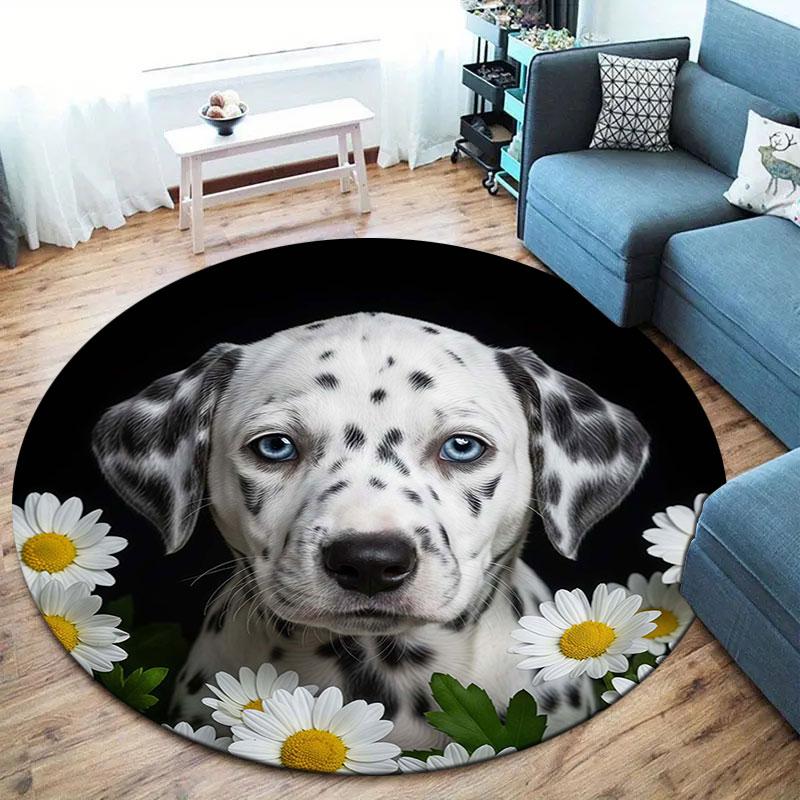 Flowers and dogs Round Area Rug,Carpet Rug for Living Room Bedroom Sofa Playroom Decor,Non-slip Floor Mat