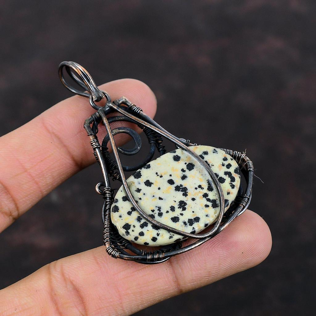 Подвеска из далматинской яшмы, обернутая медной проволокой, Подвеска из драгоценного камня, Украшения ручной работы, Достойная подвеска, Изящные медные украшения, Удивительная подвеска для подарка