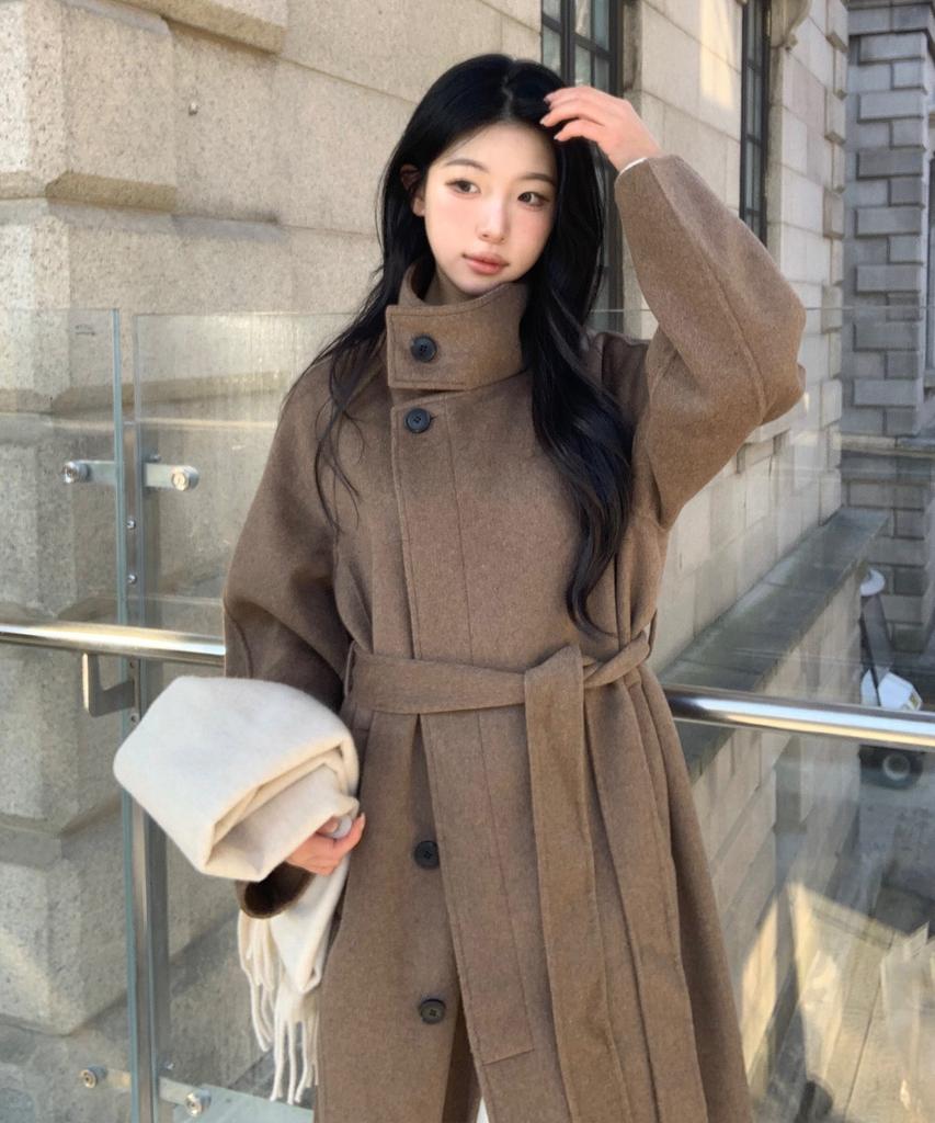 MIND BRIDGE WOMEN [W] Handmade Cashmere High-Neck Belted Long Coat - 2 Colors