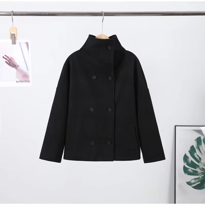 Solid High Neck Double Button Topcoat Dropped Shoulder Loose 2026 Autumn Short Elegant Jacket Women Urban Casual Lady Outerwear