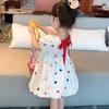 Летнее платье в горошек для маленьких девочек, бальное платье с короткими рукавами и рюшами, плиссированное платье с круглым вырезом сзади, плиссированное платье на шнуровке, детская одежда, От 3 до 8 лет